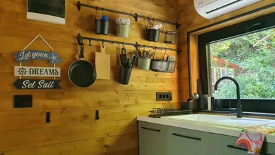 a kitchen with a sink and utensils on the wall at Woodnest in Čortanovci