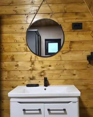 a bathroom with a white sink and a mirror at Woodnest in Čortanovci