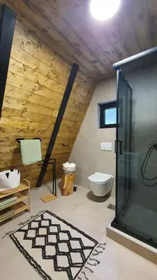a bathroom with a glass shower and a toilet at Woodnest in Čortanovci