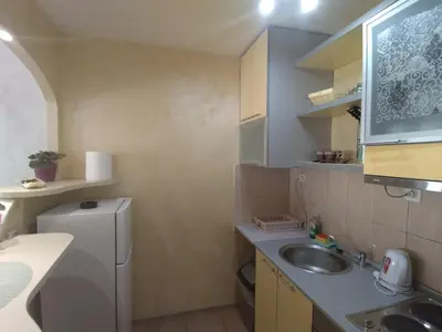 a small kitchen with a sink and a refrigerator at Lea Beo in Belgrade
