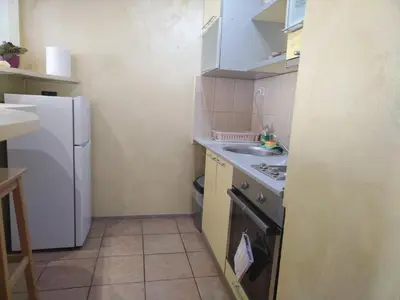 a small kitchen with a refrigerator and a sink at Lea Beo in Belgrade