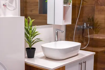 a bathroom with a white bowl sink on a counter at Uba Fruška gora in Velika Remeta