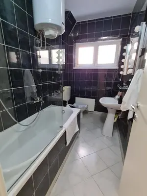 a bathroom with a tub and a toilet and a sink at Jana - Cozy Apartment in the Old Town in Belgrade