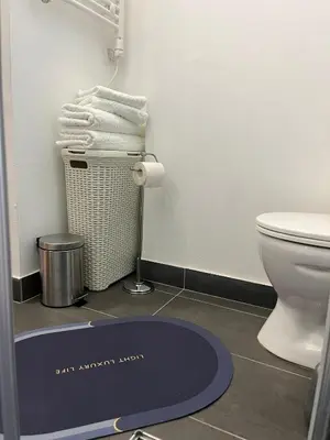 a bathroom with a toilet and towels on the floor at Sanja, Old Town in Belgrade