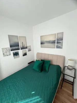 a bedroom with a green bed with pictures on the wall at Sanja, Old Town in Belgrade