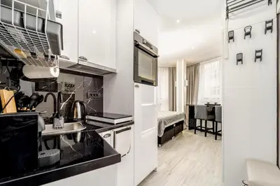 a kitchen with a sink and a stove at New Urban Studio in Belgrade