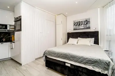 a bedroom with a large bed and a kitchen at New Urban Studio in Belgrade