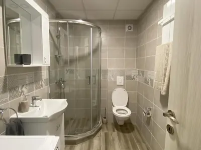 a bathroom with a shower and a toilet and a sink at Apartman Peric in Ruma