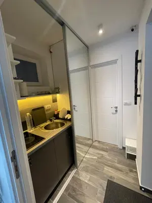 a small bathroom with a sink and a mirror at The Style, apartman sa parkingom in Belgrade