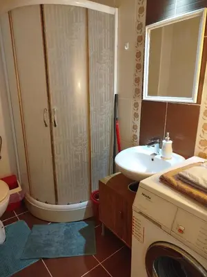 a bathroom with a shower and a sink and a washing machine at Gold Apartments in Belgrade