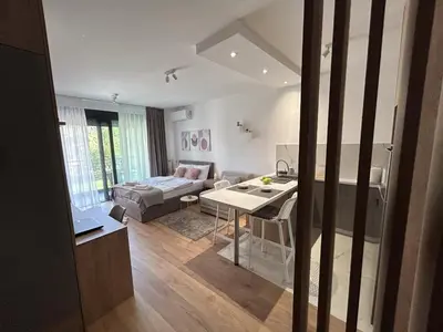 a kitchen and living room with a table and a couch at V Park Lux Apartman in Belgrade