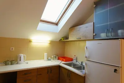 a kitchen with a white refrigerator and a skylight at Vracar Historical in Vračar (historical)
