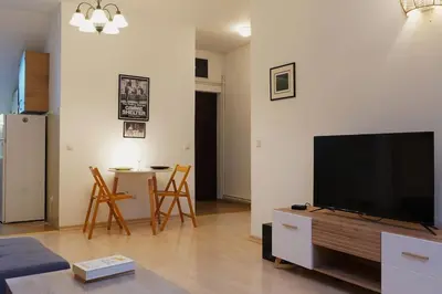 a living room with a large flat screen tv at Vracar Historical in Vračar (historical)
