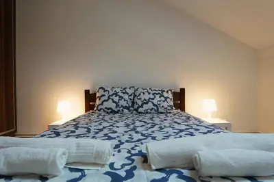 a bedroom with a blue and white bed with two pillows at Vracar Historical in Vračar (historical)