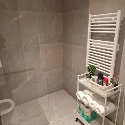 a bathroom with a shower with a toilet and a shelf at Apartment Belgrade Waterfront LUX -Libera 413 in Belgrade