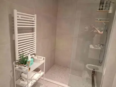 a bathroom with a shower with a glass door at Apartment Belgrade Waterfront LUX -Libera 413 in Belgrade