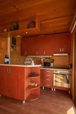 a kitchen with wooden cabinets and a stove top oven at Homey house boat, great location in Ada Ciganlija