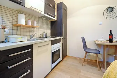 a small kitchen with a sink and a table at Skadarlija discovery Beograd centar lux in Belgrade