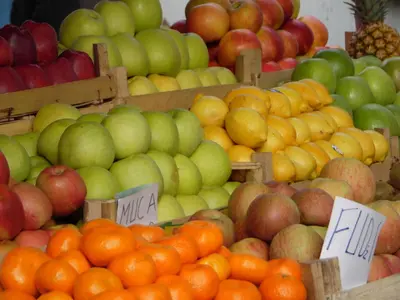 a display of apples oranges and other fruits at a market at Apartment Vracar in Belgrade