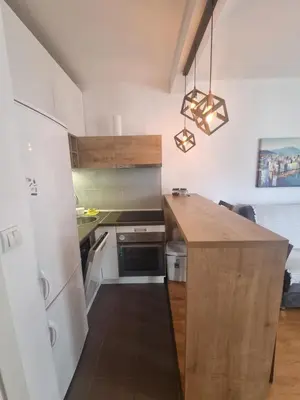 a small kitchen with a counter and a refrigerator at Laguna in Bežanija