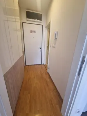 a hallway with a white door and a wooden floor at Laguna in Bežanija