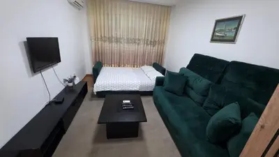 a living room with a green couch and a television at Apartman Lela in Belgrade