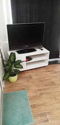 a tv on a white entertainment center with a plant at Cradle of Love in Belgrade