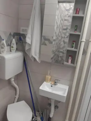 a bathroom with a sink and a toilet and a mirror at MUNJA Apartman in Belgrade