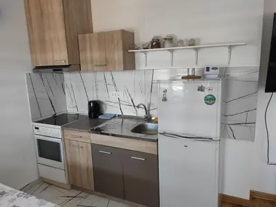 a kitchen with a white refrigerator and a sink at Apartman Dami in Belgrade