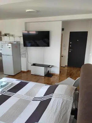 a living room with a flat screen tv on the wall at Apartman Dami in Belgrade