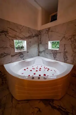 a bathroom with a tub with red hearts on it at Lisa Zemun Spa Apartment in Zemun