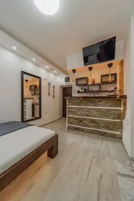 a bedroom with a bed and a flat screen tv at Lisa Zemun Spa Apartment in Zemun