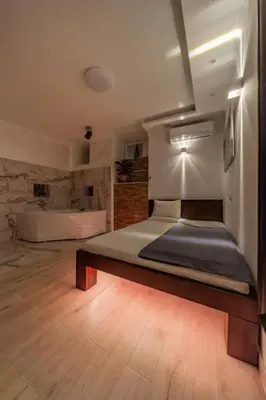 a bedroom with a large bed with a bath tub at Lisa Zemun Spa Apartment in Zemun