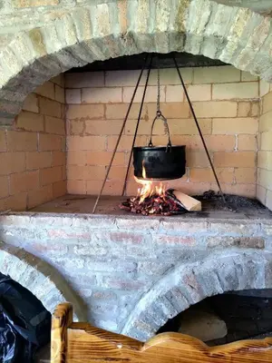 a pot over a fire in a brick oven at Tamiški mir in Staji°evo