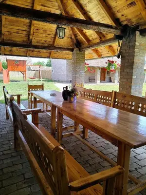 a cat sitting on top of a wooden table at Tamiški mir in Staji°evo