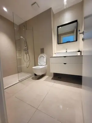 a bathroom with a toilet and a sink and a shower at BW Waterfront LUX apartment, parking free in Sajmište
