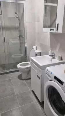 a bathroom with a washing machine and a toilet at Apartman Lola in Novi Grad