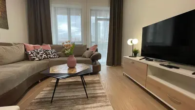 a living room with a couch and a flat screen tv at Scala BW in Sajmište
