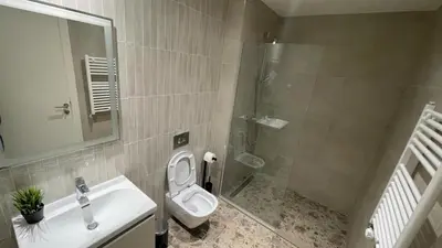 a bathroom with a toilet and a sink and a shower at Scala BW in Sajmište