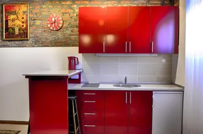 a red kitchen with a sink and red cabinets at Studio 600 in Belgrade
