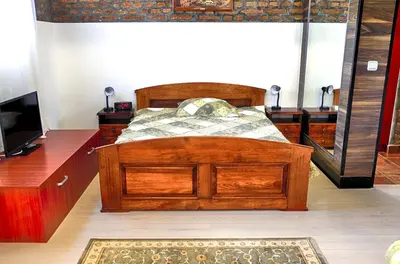 a bedroom with a wooden bed and a television at Studio 600 in Belgrade