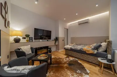 a large living room with a bed and a tv at Rodman Belgrade Apartment in Novi Beograd