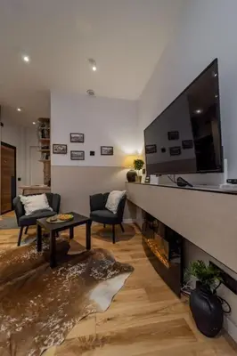 a living room with a fireplace and a tv at Rodman Belgrade Apartment in Novi Beograd