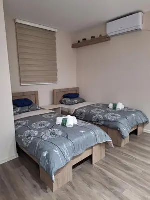 a room with three beds in a room at Apartments Green Beograd in Borča
