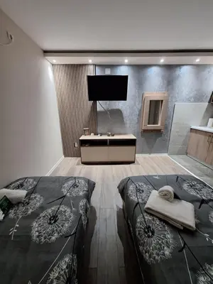 a bedroom with two beds and a tv on the wall at Apartments Green Beograd in Borča