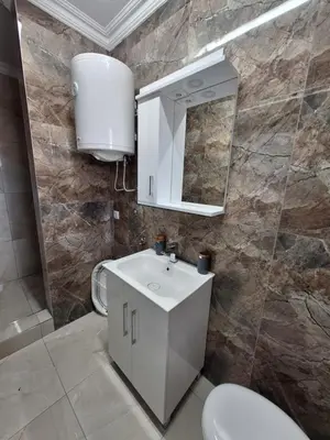 a bathroom with a white sink and a mirror at Apartments Green Beograd in Borča