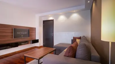 a living room with a couch and a tv at Feel Belgrade Apartments in Belgrade