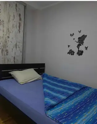 a bedroom with a bed with a blue comforter at Stan na dan in Voždovac
