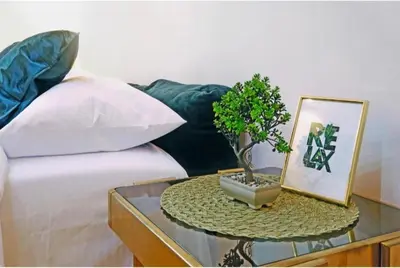 a living room with a couch and a table with a plant at Cozy apartment near Saint Sava Temple in Belgrade