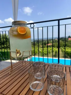 a jar on a table with glasses on a balcony at Vila Vista Verde in Zaklopača